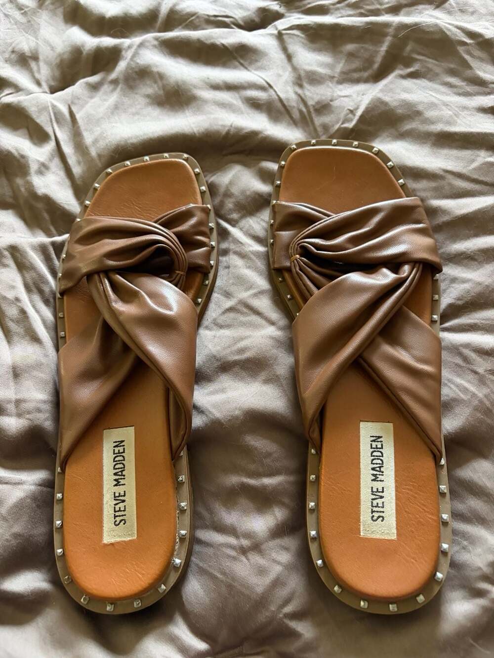 Steve Madden Brown Faux Leather Studded Twist Slide Sandals Size 7